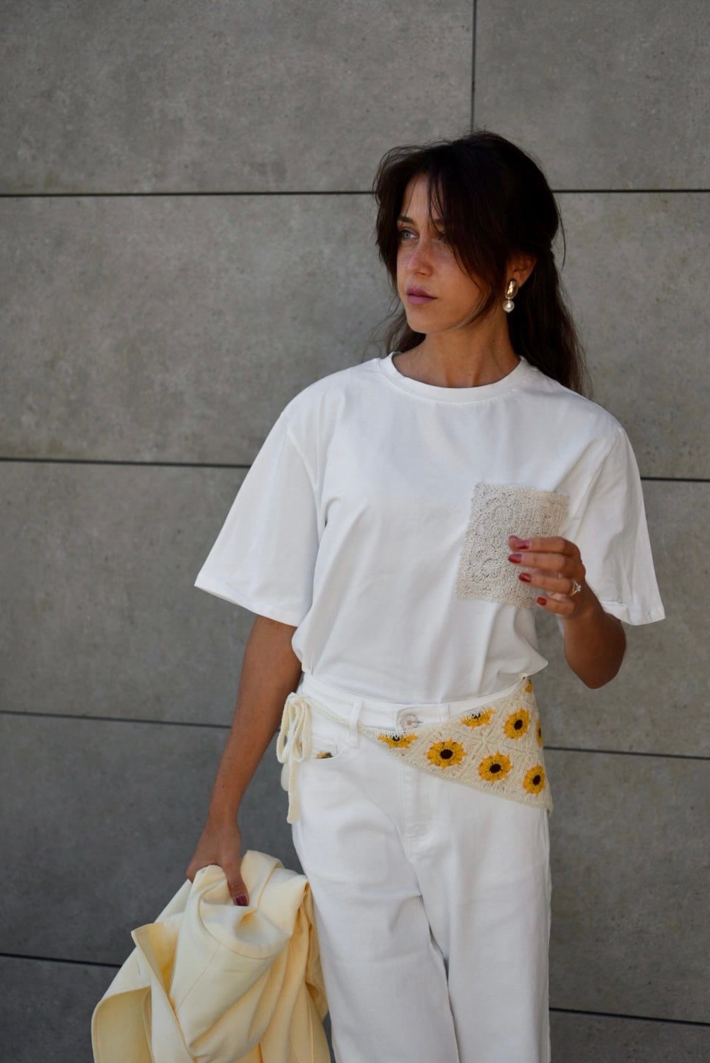 Sunflower Embroidered Wide-Leg Pants with Crochet Bandanna Set