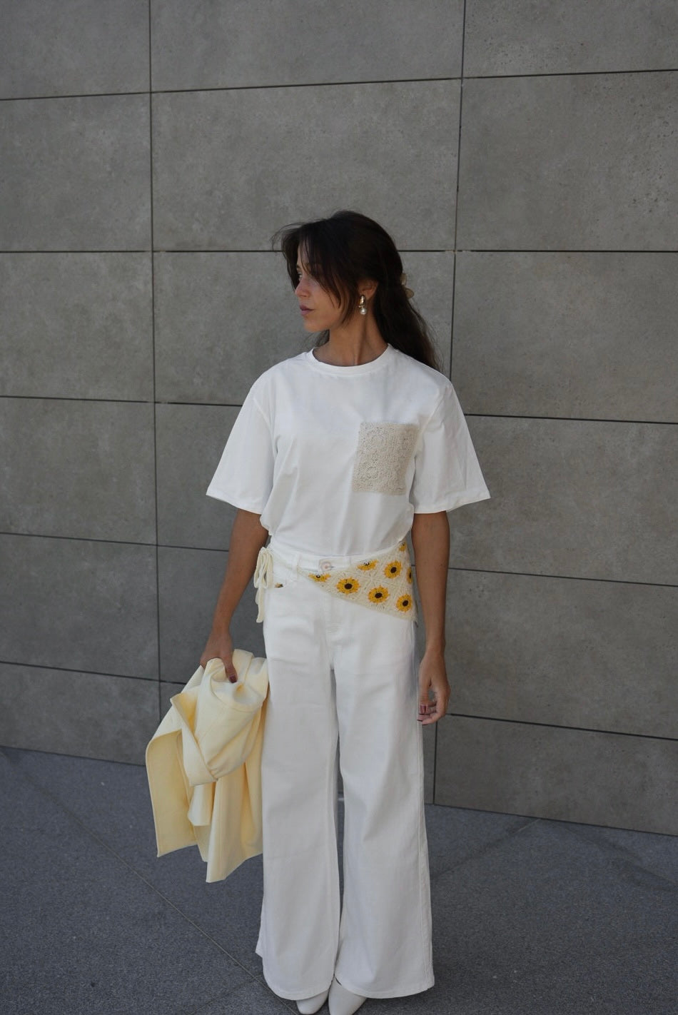 Sunflower Embroidered Wide-Leg Pants with Crochet Bandanna Set