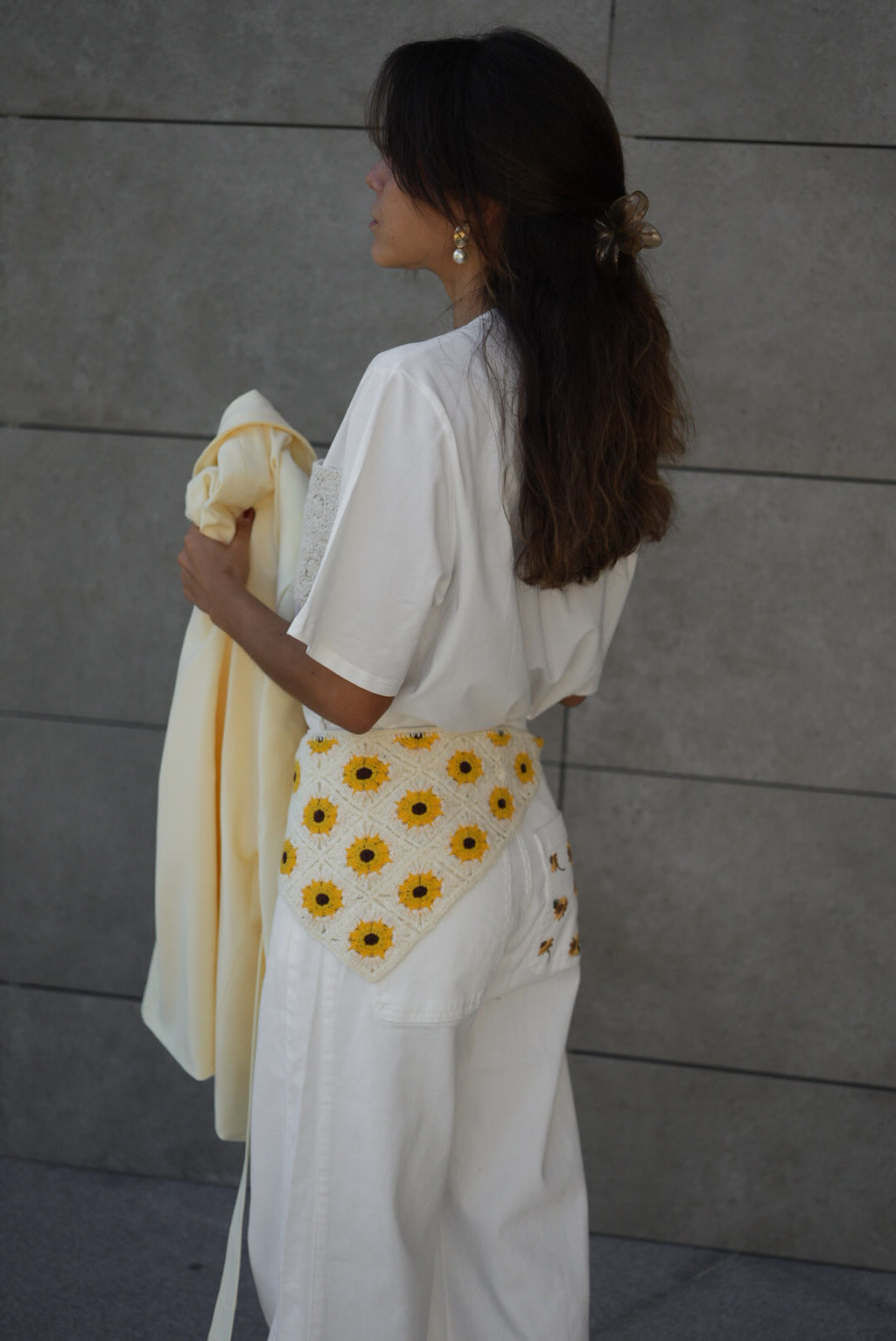 Sunflower Embroidered Wide-Leg Pants with Crochet Bandanna Set
