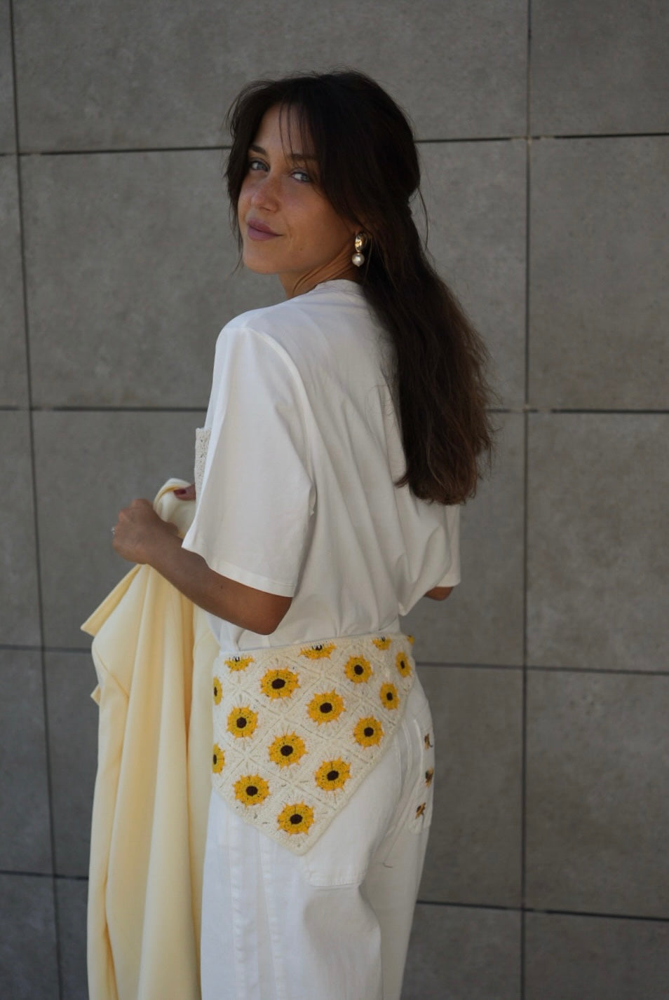 Sunflower Embroidered Wide-Leg Pants with Crochet Bandanna Set