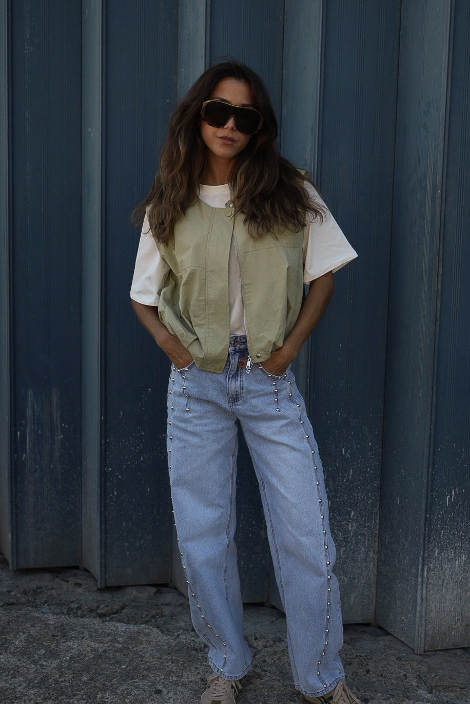 Studded Straight-Leg Denim