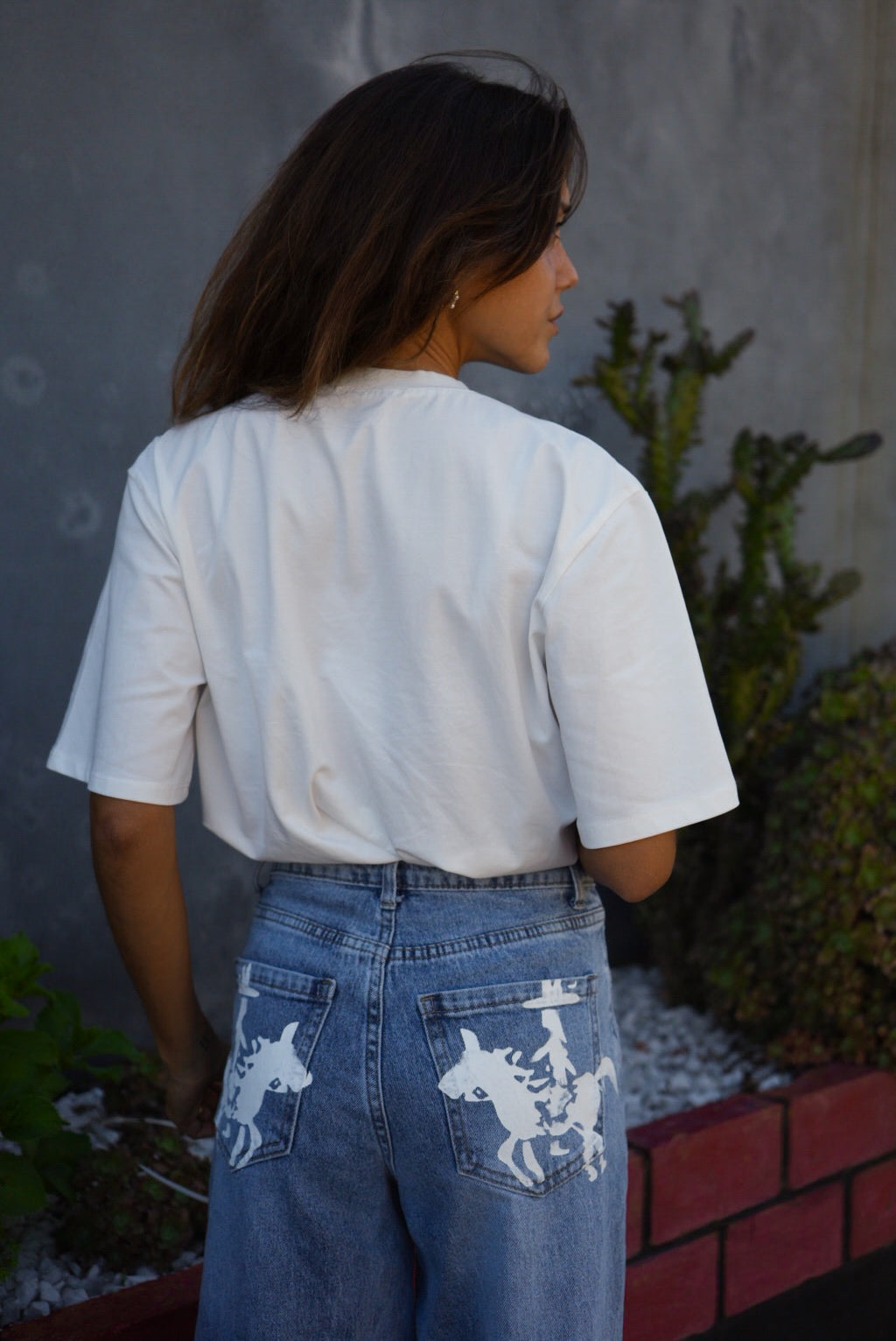 Hand-Painted Horse Motif Wide-Leg Denim