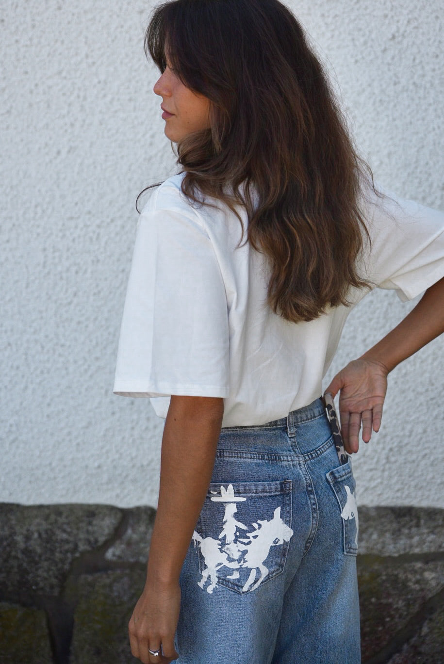 Hand-Painted Horse Motif Wide-Leg Denim