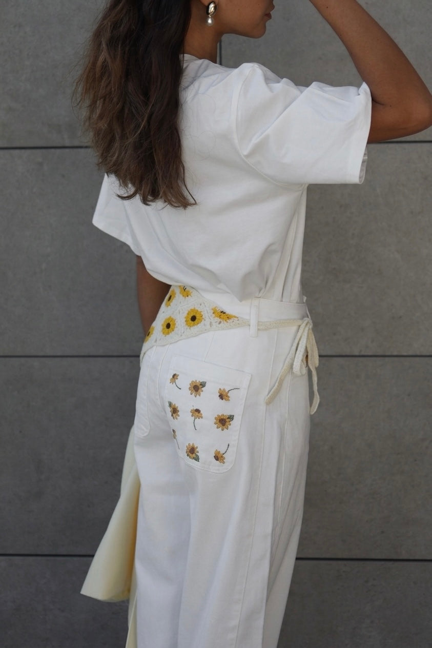 Sunflower Embroidered Wide-Leg Pants with Crochet Bandanna Set