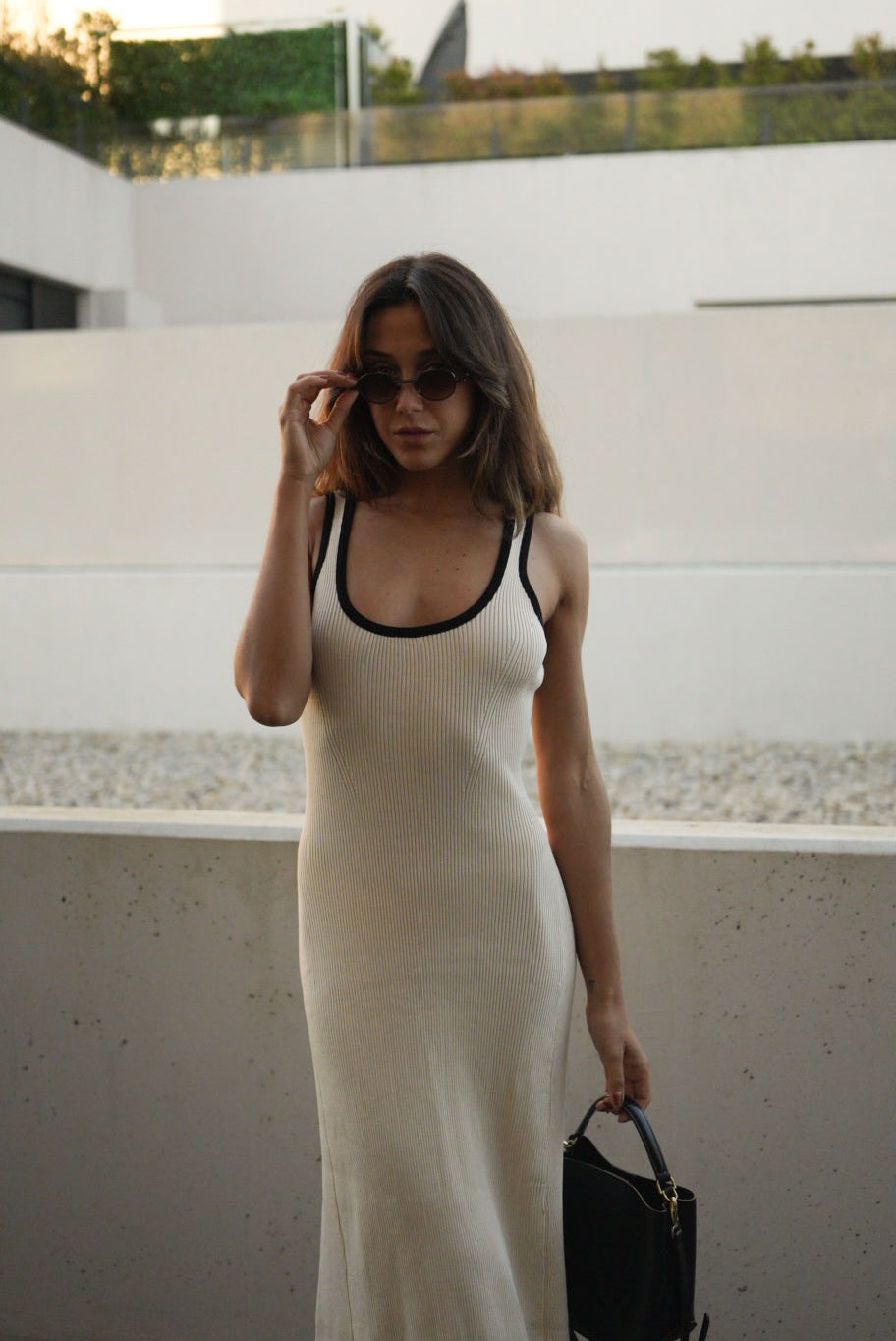 Contrast Trim Ribbed Midi Dress