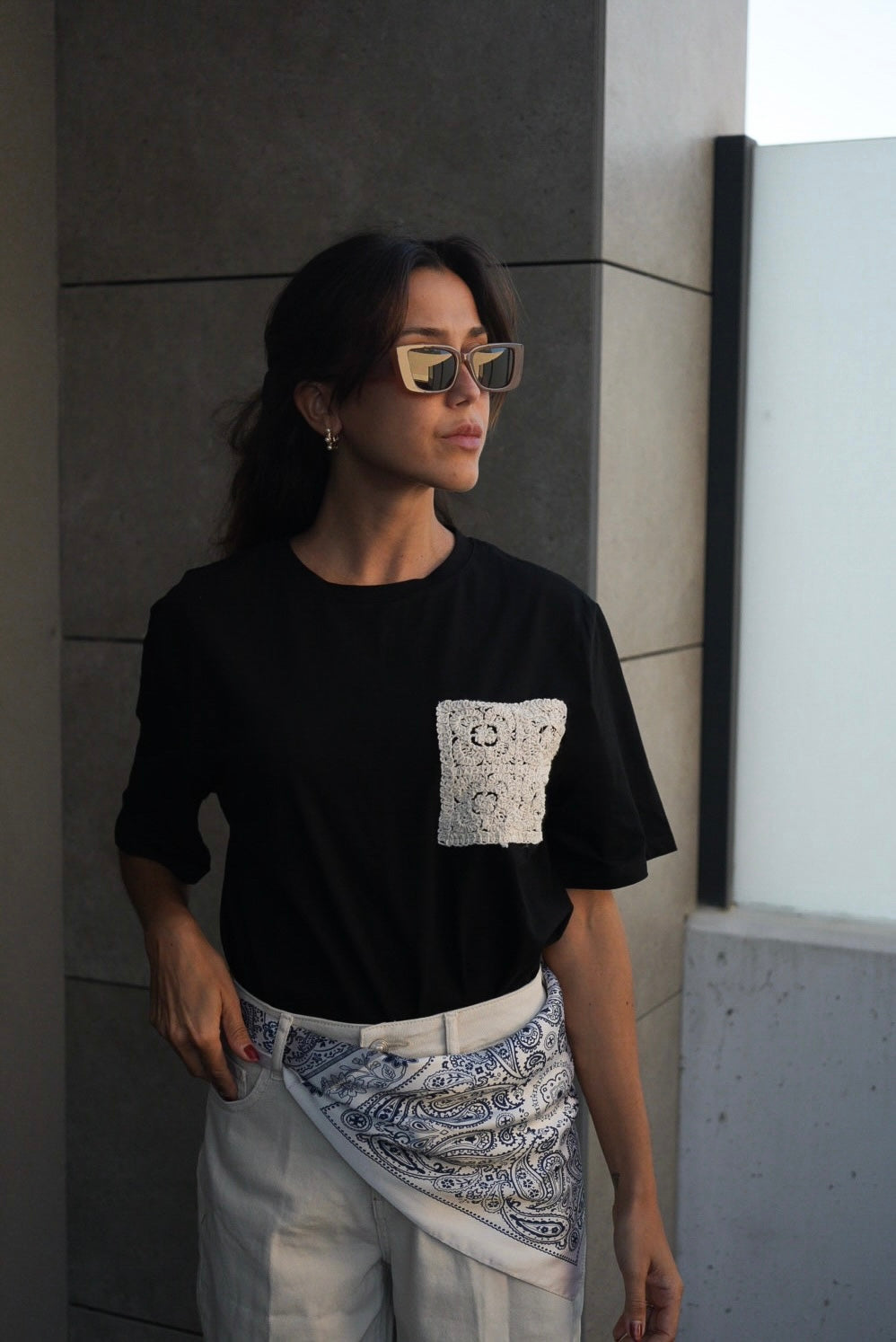 Black Crochet Pocket Essential Tee