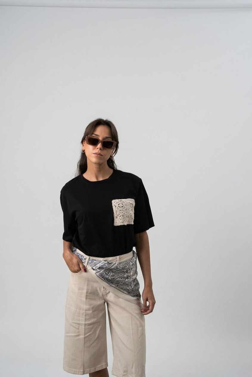 Black Crochet Pocket Essential Tee