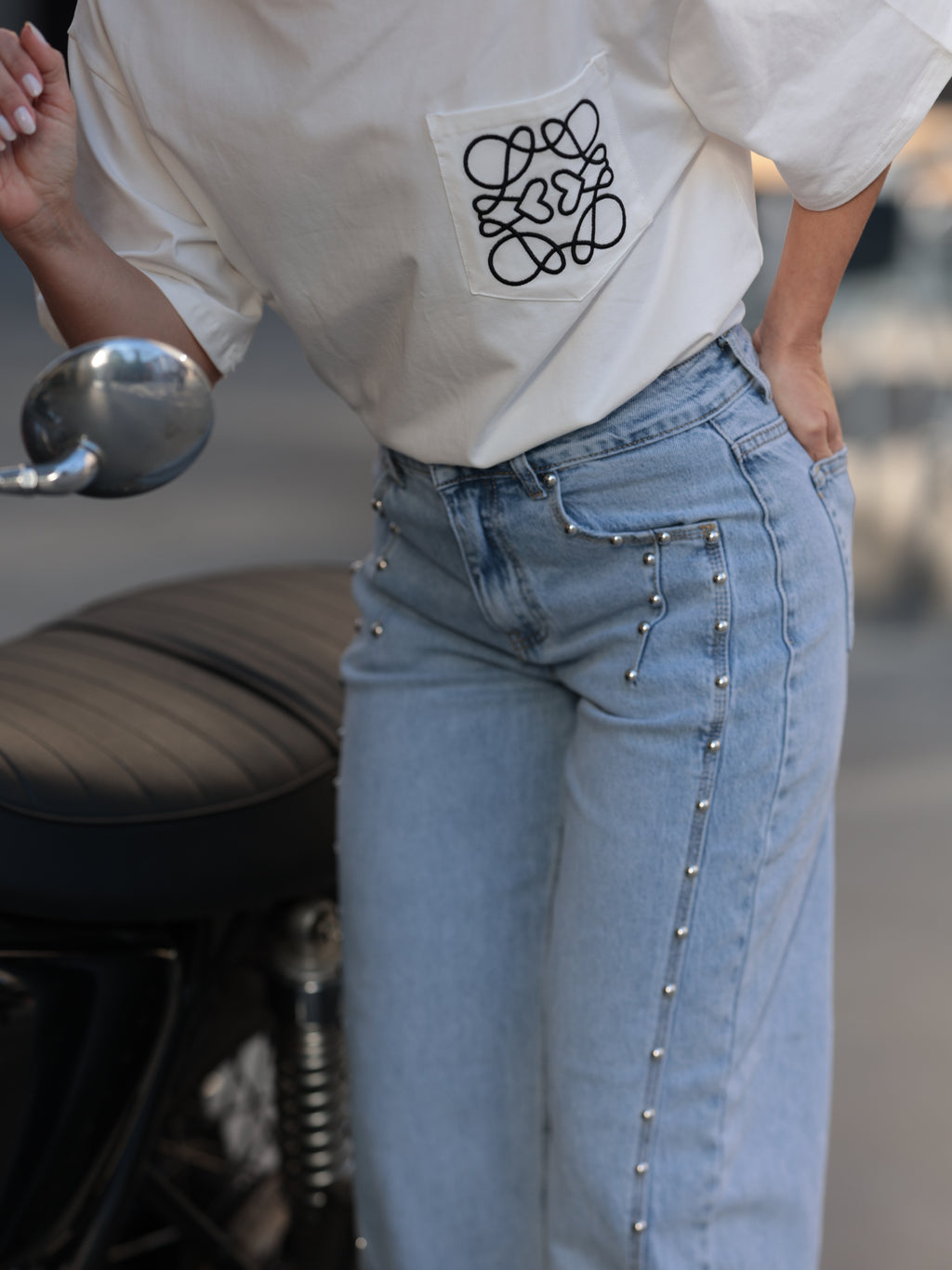 Studded Straight-Leg Denim