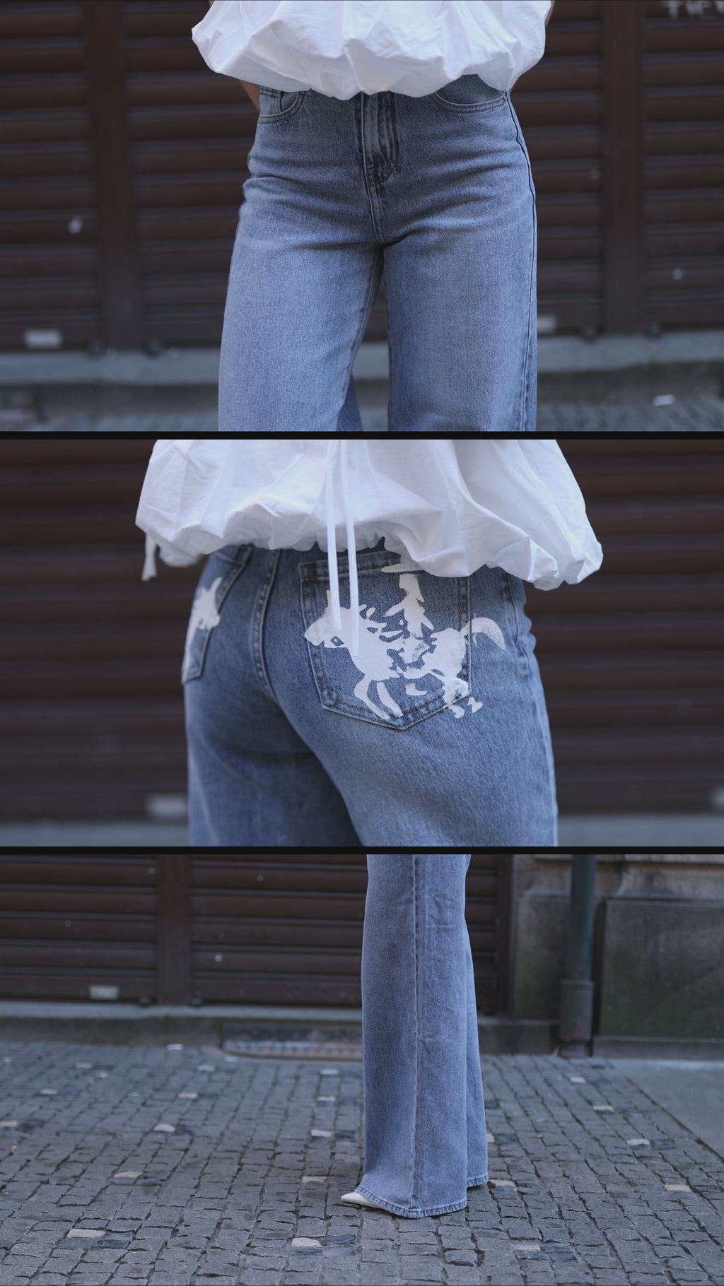 Hand-Painted Horse Motif Wide-Leg Denim