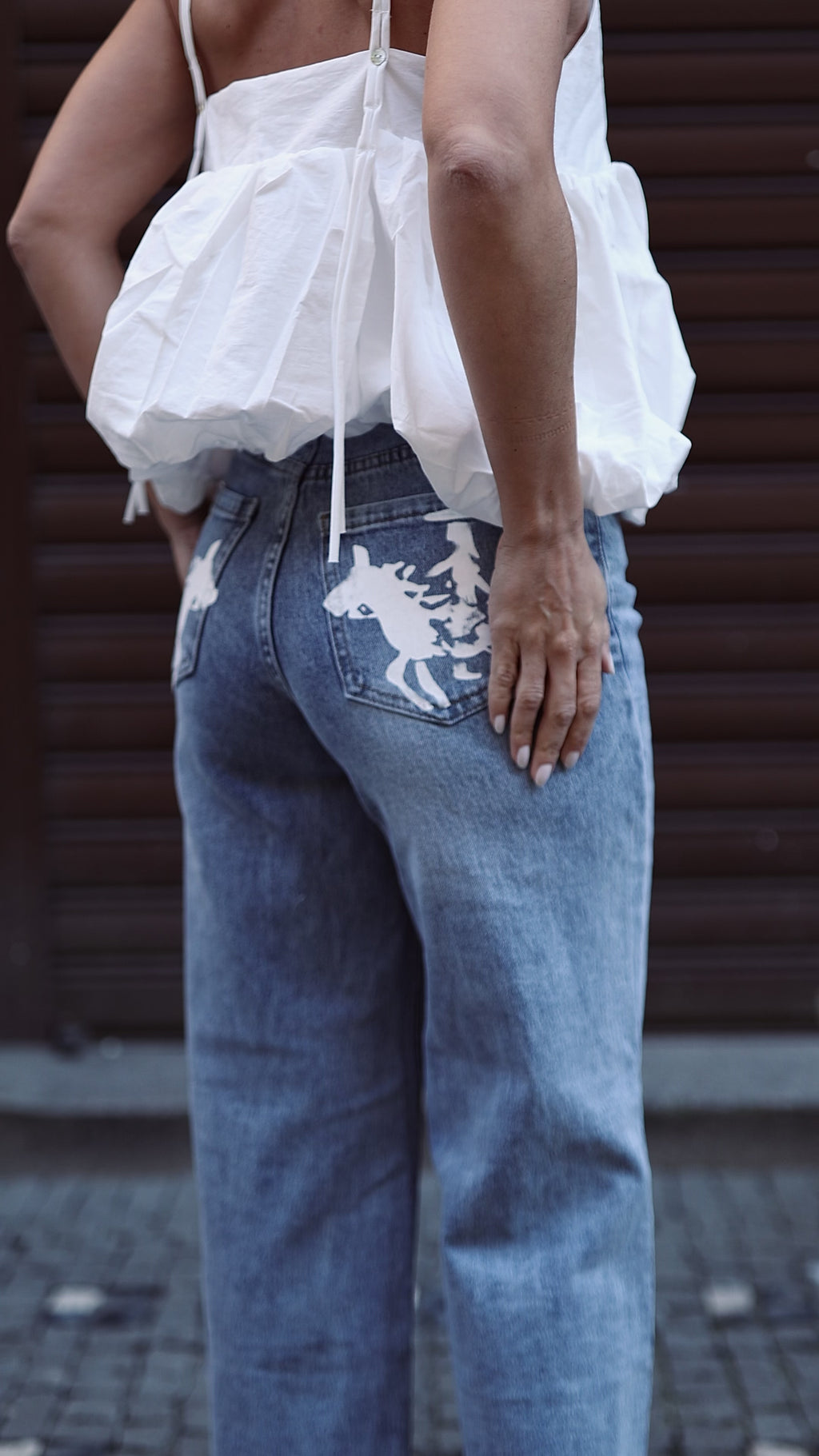 Hand-Painted Horse Motif Wide-Leg Denim