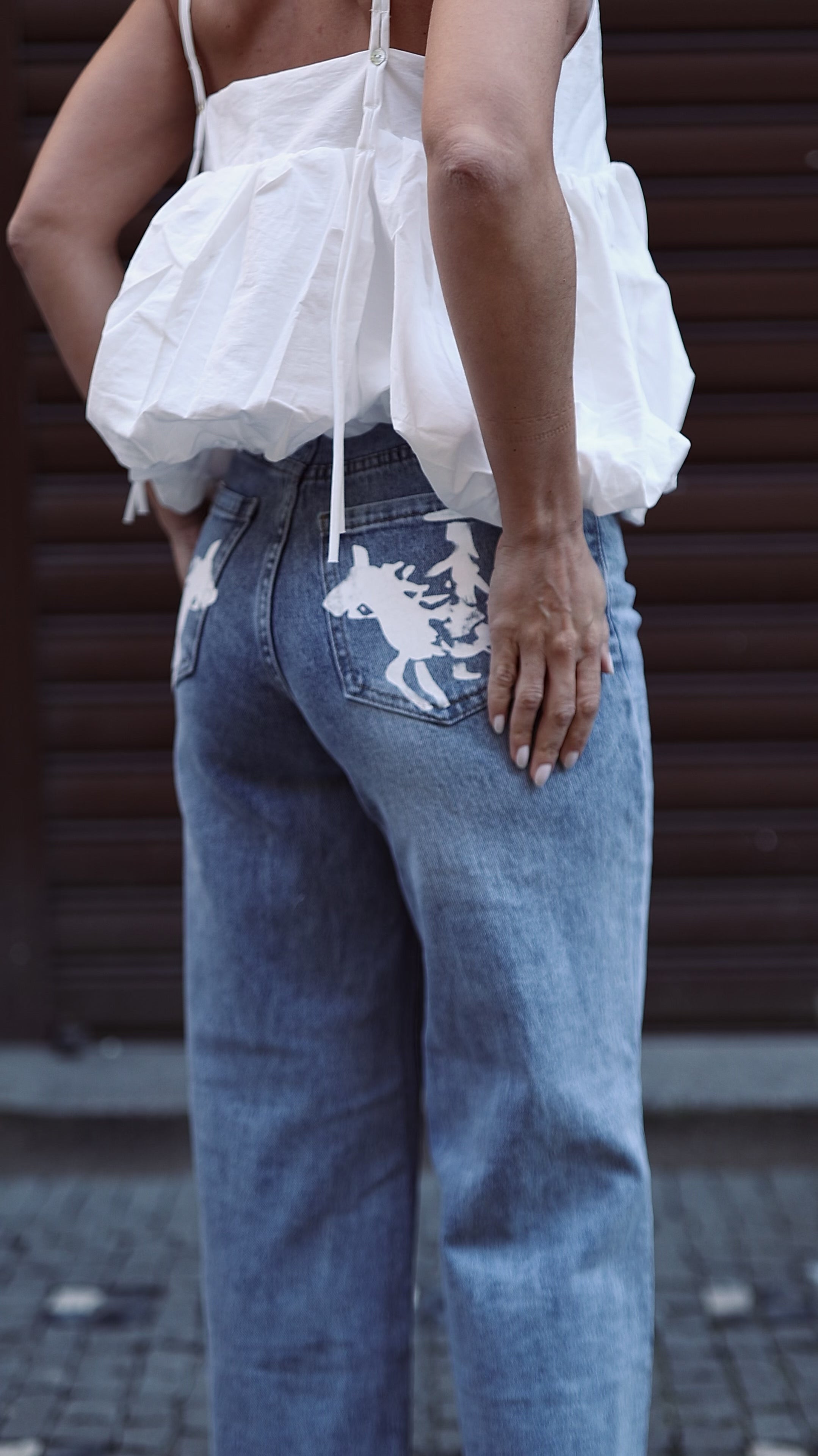 Hand-Painted Horse Motif Wide-Leg Denim